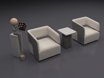 Leisure Sofa Set with Two White Sofas Small Square Table Gray Cabinet and Checkered Items 3d model