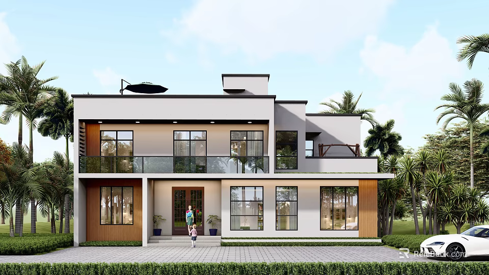 Modern Two Story Detached Villa With Front Lawn Large Windows And Palm Trees 3d model 