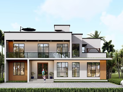Modern Two Story Detached Villa With Front Lawn Large Windows And Palm Trees 3d model