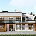 Modern Two Story Detached Villa With Front Lawn Large Windows And Palm Trees