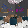 Sports Bar With Neon Signs Cherry Blossom Decoration Cocktail Club And Colorful Chairs Seating Area
