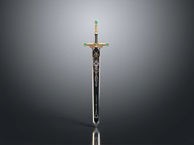Ornate Fantasy Sword With Green Gemstone Accents Engraved Black Blade And Shiny Reflection 3d model