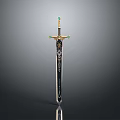 Ornate Fantasy Sword With Green Gemstone Accents Engraved Black Blade And Shiny Reflection