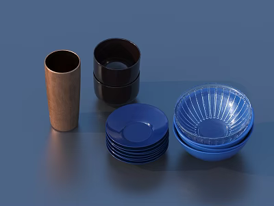 Stacked Copper Black Blue Cups Plates Tableware Set With Transparent Bowls 3d model
