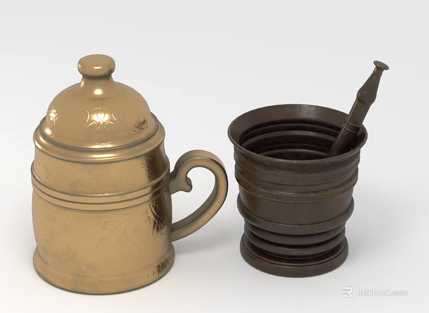 Two Decorative Cups Golden Lidded Mug With Handle And Dark Brown Cup With Stirring Stick 3d model 
