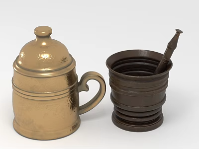 Two Decorative Cups Golden Lidded Mug With Handle And Dark Brown Cup With Stirring Stick 3d model