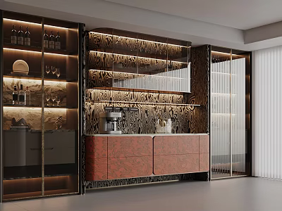 Elegant Modern Wine Cabinet Interior With Glass Doors LED Lighting And Decorative Panels 3d model