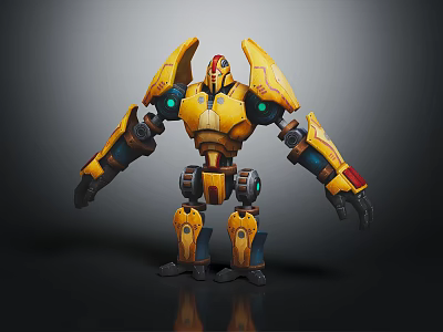Yellow Mechanical Robot Character With Red Head Accents Green Lights And Mechanical Armor Design 3d model