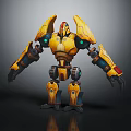 Yellow Mechanical Robot Character With Red Head Accents Green Lights And Mechanical Armor Design