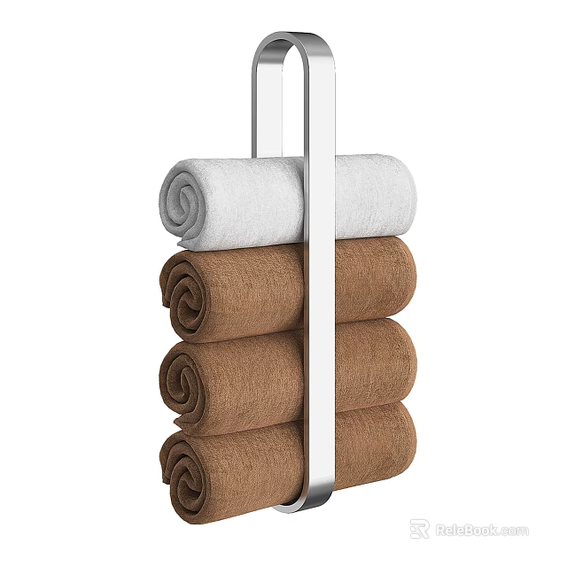 Soft Absorbent Rolled White and Brown Towels Hanging Neatly on Metal Rack 3d model 