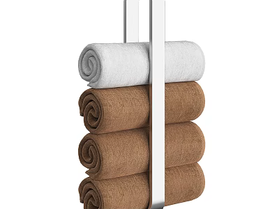 Soft Absorbent Rolled White and Brown Towels Hanging Neatly on Metal Rack 3d model
