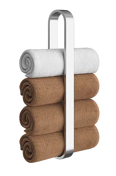 Soft Absorbent Rolled White and Brown Towels Hanging Neatly on Metal Rack 3d model
