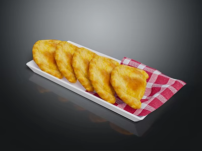 Golden Fried Dumplings Served On White Plate With Red And White Checkered Napkin 3d model
