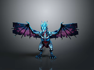 Blue And Purple Mechanical Dragon With Metallic Wings In Standing Pose 3d model