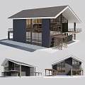 Modern Detached Villa Exterior Featuring Large Glass Windows Sloped Roof Stone Wall And Balcony