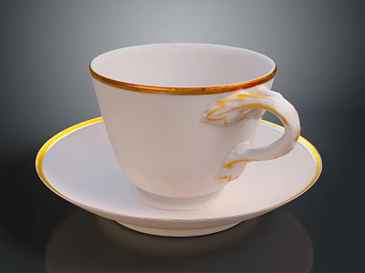 Elegant White Teacup With Gold Rim And Decorative Handle On Saucer 3d model