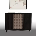 Modern Console Sideboard Cabinet With Black Rattan Door Vertical Slats And Decorative Painting