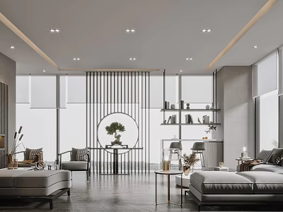 Modern Leisure Area Interior Design With Sofa Coffee Table Green Plants And Wooden Screen 3d model