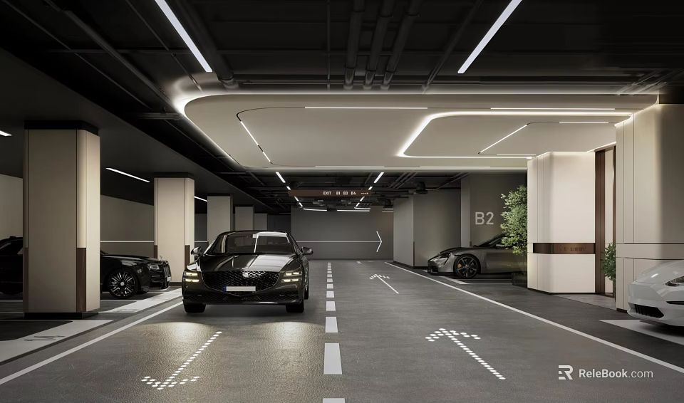 Modern Underground Parking Garage With Parked Cars White Arrow Directions Light Strip Lighting B2 Floor 3d model 