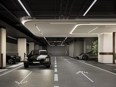 Modern Underground Parking Garage With Parked Cars White Arrow Directions Light Strip Lighting B2 Floor 3d model