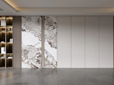 Modern Sofa Background Wall Interior With Marble Panel Decoration And Minimalist Shelving 3d model