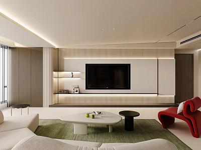 Modern Living Room With White Sofa Red Armchair Green Rug And Built In TV Wall 3d model