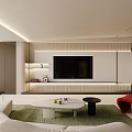 Modern Living Room With White Sofa Red Armchair Green Rug And Built In TV Wall