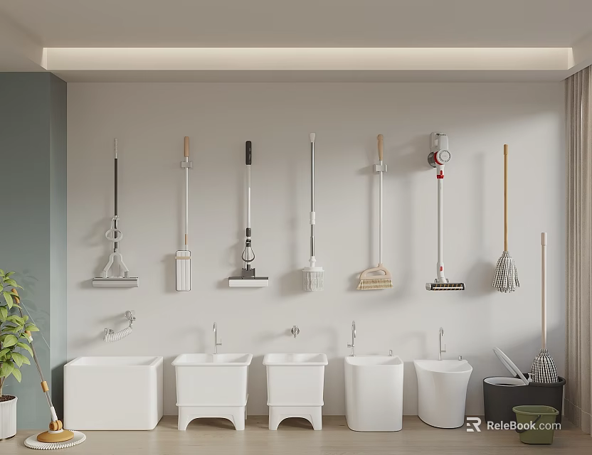 Wall Mounted Mops And White Buckets In Cleaning Tools Display Area 3d model