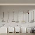 Wall Mounted Mops And White Buckets In Cleaning Tools Display Area 3d model