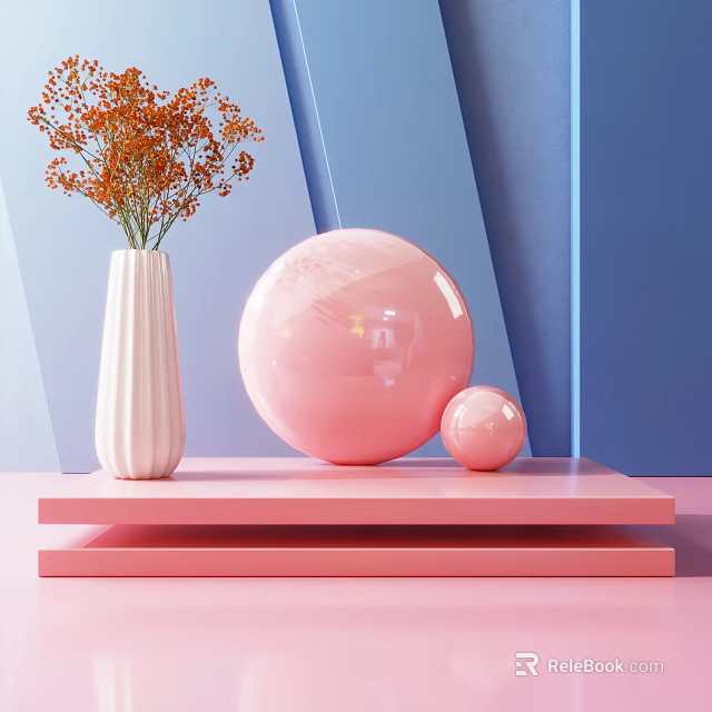 Decorative Pink Platform Set With White Vase Orange Dried Flowers And Pink Spheres Blue Background 3d model 