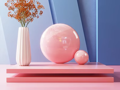 Decorative Pink Platform Set With White Vase Orange Dried Flowers And Pink Spheres Blue Background 3d model