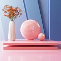 Decorative Pink Platform Set With White Vase Orange Dried Flowers And Pink Spheres Blue Background