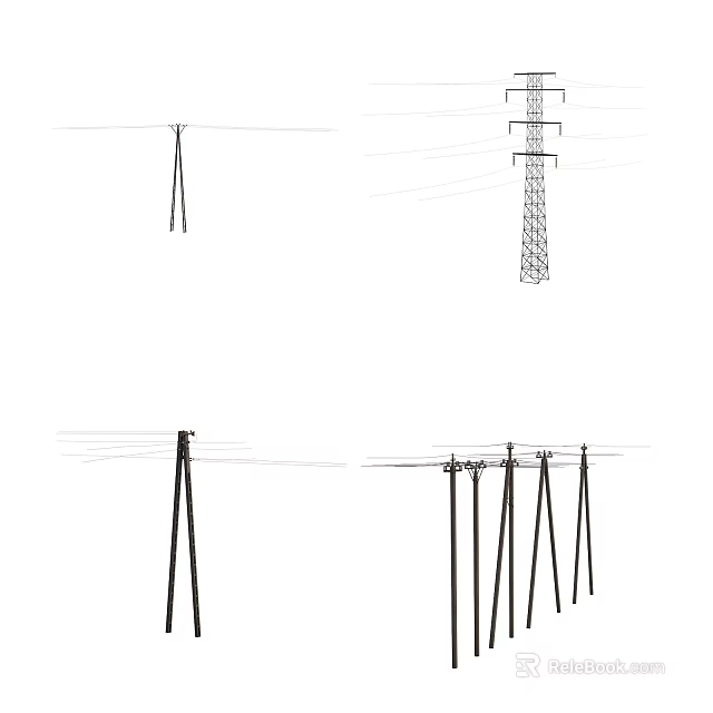 Industrial Equipment Including Power Poles Transmission Towers And Overhead Electrical Wires 3d model 
