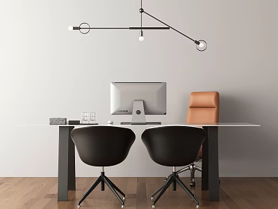 Modern Office Desk Setup With iMac Monitor Black Chairs Orange Accent Chair And Pendant Light 3d model