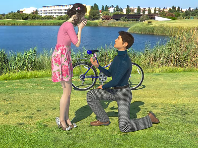 Man Kneeling To Propose To Woman Outdoors By Lake With Bicycle 3d model