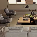 Modern Minimalist Living Room Sofa Coffee Table Set With Light Colored Cushions Floor Lamp And Bookshelves
