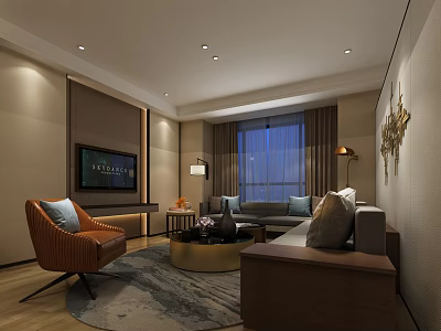 Hotel Guest Room Interior With Modern Sofa Armchair TV Rug and Floor to Ceiling Window 3d model