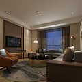 Hotel Guest Room Interior With Modern Sofa Armchair TV Rug and Floor to Ceiling Window