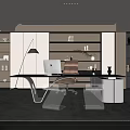 Modern Office Interior With Open Layout Desk Bookshelf Chair Floor Lamp Rug And Glass Door