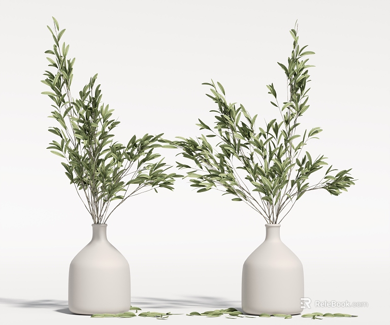 Two White Vases Arranged With Fresh Green Branches In Minimalist Design On White Background 3d model 