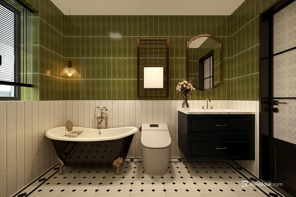 Stylish Bathroom With Green Tiled Walls Black Vanity White Bathtub Mirror And Patterned Floor Tiles 3d model 