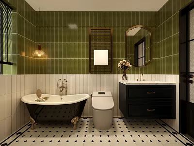 Stylish Bathroom With Green Tiled Walls Black Vanity White Bathtub Mirror And Patterned Floor Tiles 3d model
