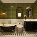 Stylish Bathroom With Green Tiled Walls Black Vanity White Bathtub Mirror And Patterned Floor Tiles