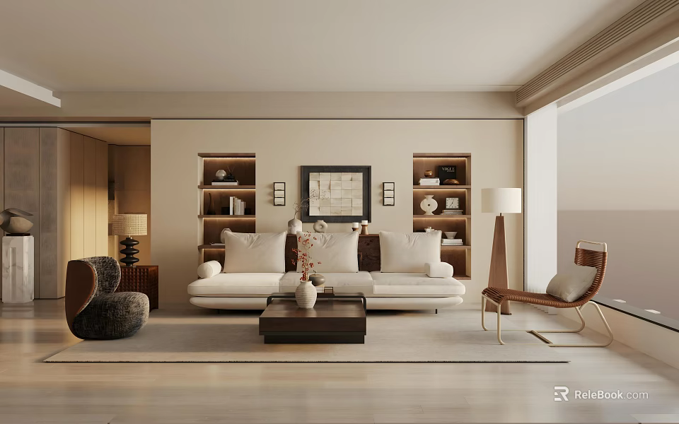 Modern Living And Dining Room Interior With Sofa Coffee Table And Decorative Bookshelves 3d model 