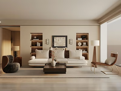 Modern Living And Dining Room Interior With Sofa Coffee Table And Decorative Bookshelves 3d model