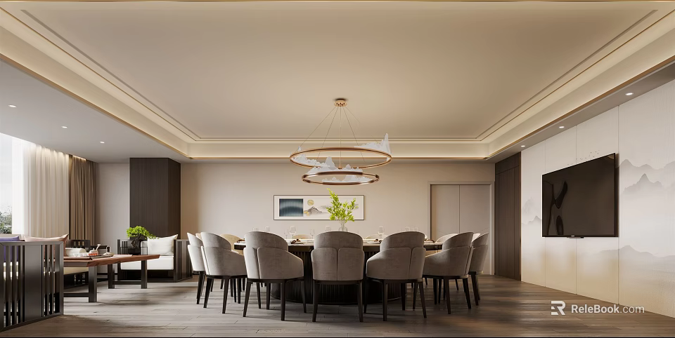 Elegant Private Dining Room With Round Table Gray Chairs Chandelier And Green Plants 3d model
