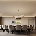 Elegant Private Dining Room With Round Table Gray Chairs Chandelier And Green Plants 3d model