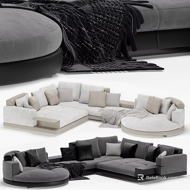 Modern Multi Seater Sofa In Gray Beige With Plush Pillows And Soft Blanket 3d model 