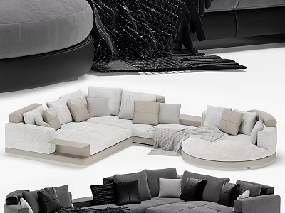 Modern Multi Seater Sofa In Gray Beige With Plush Pillows And Soft Blanket 3d model