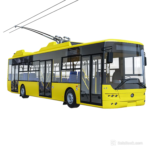 Yellow Modern Electric Tram Featuring Large Windows And Overhead Wires Design 3d model 